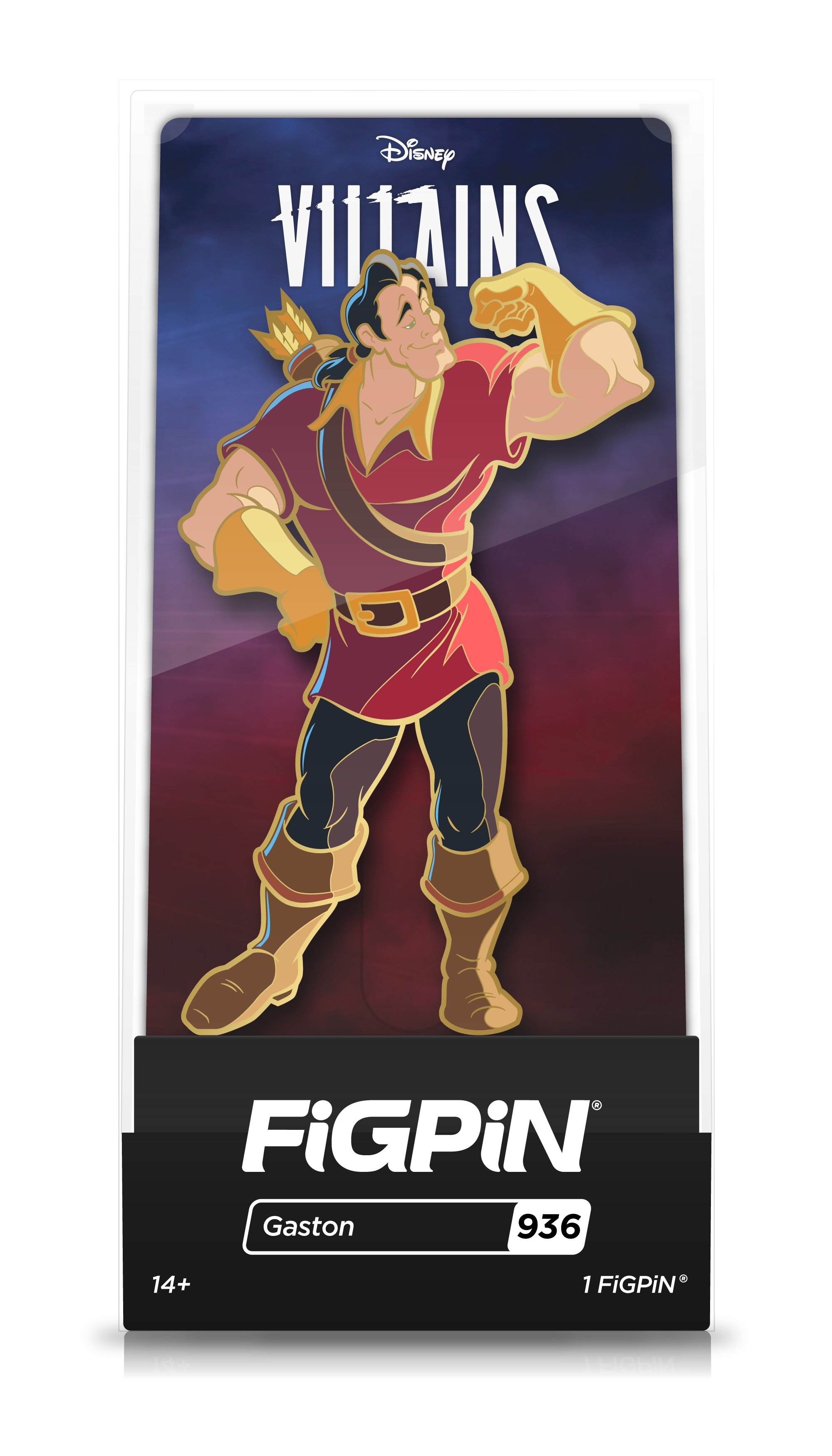 Front view of Disney's Villains Gaston enamel pin inside FiGPiN Display case reading “FiGPiN - Gaston (936)”